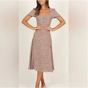 NWT Petal + Pup Franklin Print Puff Sleeve Midi Dress Mocha Womens size 14